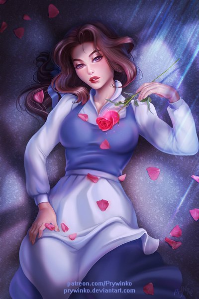 Anime picture 1000x1500 with beauty and the beast disney belle (beauty and the beast) olga narhova single long hair tall image looking at viewer blush breasts brown hair holding brown eyes signed lying parted lips lips realistic on back lipstick