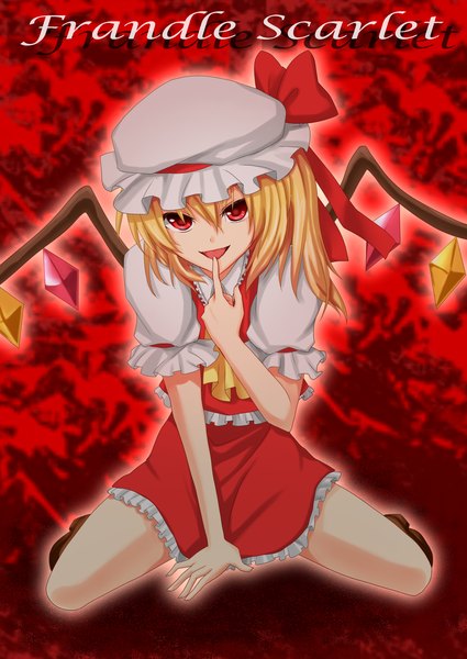 Anime picture 1606x2267 with touhou flandre scarlet tomato-ed single tall image short hair blonde hair smile red eyes sitting one side up finger to mouth girl dress skirt wings bonnet skirt set