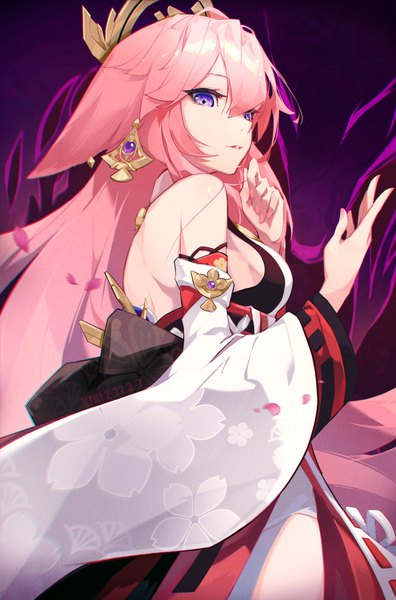 Anime picture 2037x3088 with genshin impact yae miko heitian keji single long hair tall image looking at viewer blush fringe highres breasts hair between eyes purple eyes bare shoulders animal ears pink hair traditional clothes japanese clothes fingernails wide sleeves