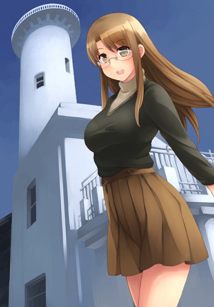 Anime picture 770x1100 with original oribe shiori kouno hikaru single long hair tall image looking at viewer open mouth brown hair brown eyes girl skirt glasses