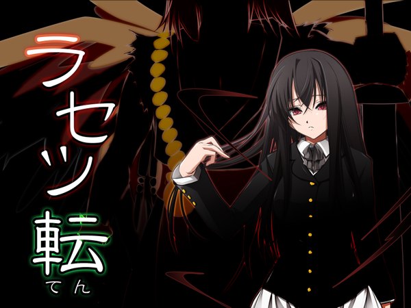 Anime picture 1600x1200 with rasetsu rajyo setsura single long hair black hair red eyes inscription hieroglyph girl