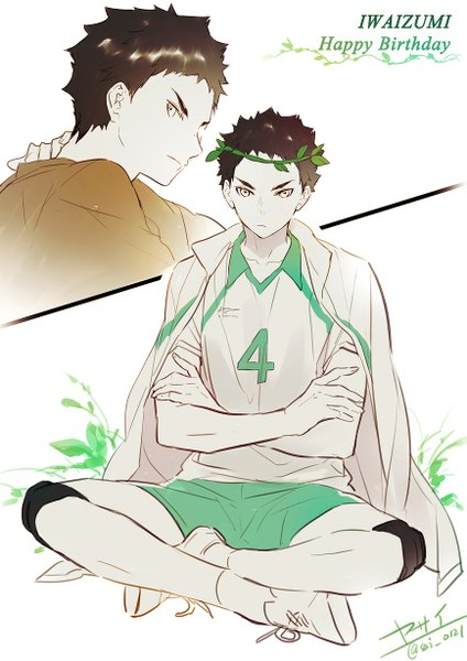 Anime picture 868x1228 with haikyuu!! production i.g iwaizumi hajime yasai (getsu) single tall image looking at viewer short hair black hair sitting signed looking back crossed legs dated crossed arms eyebrows serious frown indian style white skin