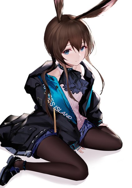 Anime picture 1357x1920 with arknights amiya (arknights) an yasuri single long hair tall image looking at viewer fringe blue eyes simple background smile hair between eyes brown hair white background sitting animal ears payot arm support open jacket bunny ears