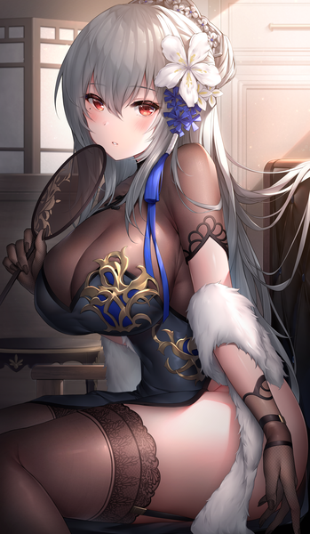 Anime picture 2894x4980 with azur lane saint-louis (azur lane) saint-louis (alluring administrator) (azur lane) oyuwari single long hair tall image looking at viewer blush fringe highres breasts light erotic hair between eyes red eyes large breasts sitting holding nail polish traditional clothes