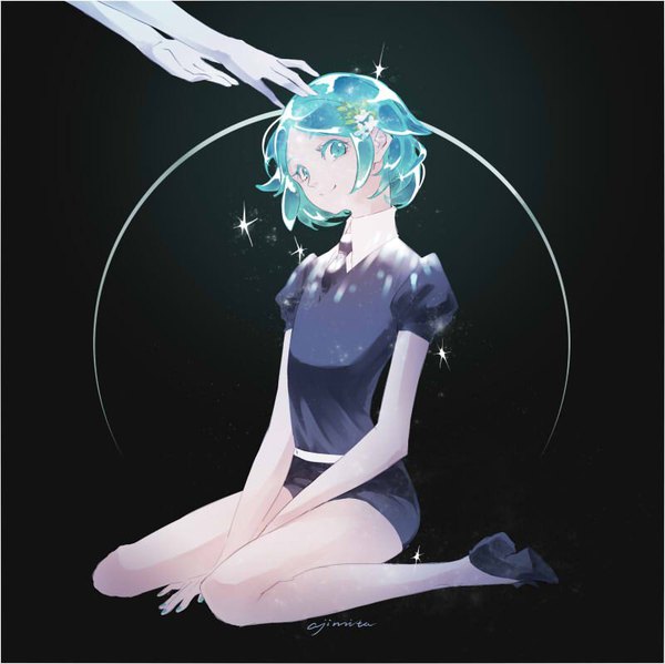 Anime picture 800x799 with houseki no kuni phosphophyllite ajimita looking at viewer short hair simple background smile sitting signed nail polish aqua eyes aqua hair puffy sleeves black background wariza solo focus androgynous necktie hands