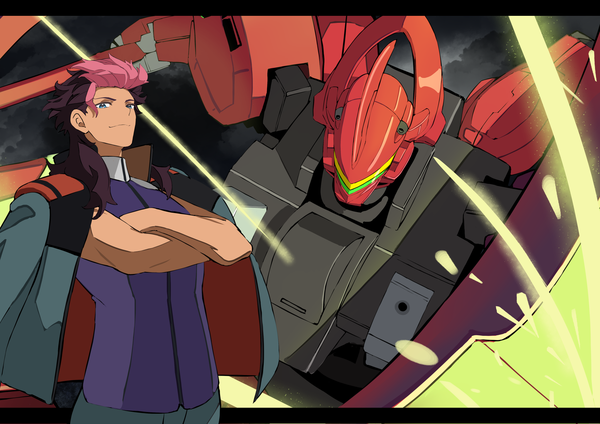 Anime picture 2047x1447 with mobile suit gundam gundam suisei no majo sunrise (studio) guel jeturk darilbalde reibun (raven1119) single long hair looking at viewer highres blue eyes black hair pink hair upper body multicolored hair two-tone hair letterboxed crossed arms clothes on shoulders boy