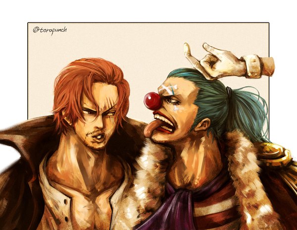 Anime picture 2048x1584 with one piece toei animation shanks buggy the clown torapunch long hair fringe highres short hair open mouth simple background hair between eyes brown eyes signed blue hair upper body ponytail red hair profile multiple boys