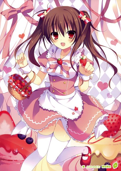 Anime picture 2540x3600 with girls, girls, girls! 10 (artbook) ringonotane (muku) single long hair tall image looking at viewer blush highres open mouth red eyes brown hair twintails scan official art girl thighhighs dress bow ribbon (ribbons) hair bow