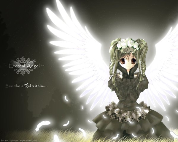Anime picture 1280x1024 with pita ten shia (pita ten) koge donbo looking at viewer short hair twintails brown eyes hair flower green hair inscription wallpaper short twintails angel wings goth-loli girl dress hair ornament flower (flowers) plant (plants) wings