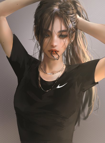 Anime picture 4400x6000 with original nike nixeu single long hair tall image fringe highres simple background brown hair holding brown eyes looking away absurdres upper body lips realistic grey background mole arms up