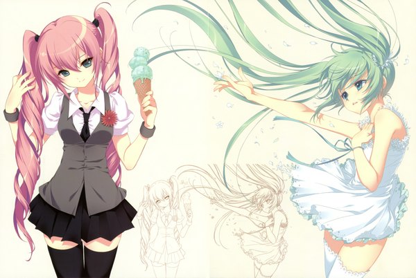 Anime picture 2000x1340 with vocaloid hatsune miku megurine luka shirahane nao highres white background multiple girls pink hair green hair scan third-party edit cropped detexted girl thighhighs dress 2 girls serafuku food sweets