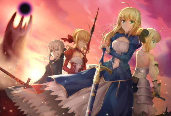 Anime picture 1453x987 with fate (series) fate/stay night fate/zero fate/extra fate/unlimited codes studio deen type-moon artoria pendragon (all) saber nero claudius (fate) (all) saber alter nero claudius (fate) saber lily qiuzhi huiyi long hair blonde hair multiple girls green eyes yellow eyes ahoge