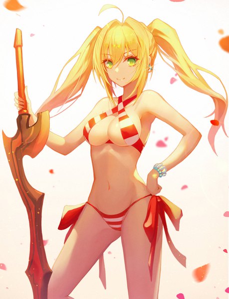 Anime picture 1435x1876 with fate (series) fate/grand order nero claudius (fate) (all) nero claudius (swimsuit caster) (fate) inho song single long hair tall image looking at viewer fringe breasts light erotic blonde hair simple background smile hair between eyes standing holding green eyes payot