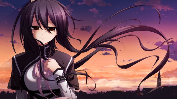 Anime picture 1280x720 with tiny dungeon (game) rosebleu vell sein long hair black hair red eyes wide image game cg cloud (clouds) evening sunset girl