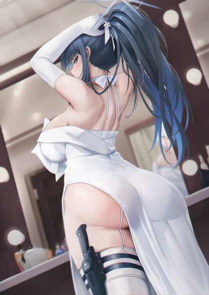 Anime picture 2894x4093 with blue archive saori (blue archive) saori (dress) (blue archive) kuutamo single long hair tall image looking at viewer fringe highres breasts blue eyes light erotic black hair large breasts standing bare shoulders payot ass ponytail