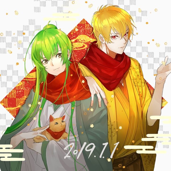 Anime picture 900x900 with fate (series) fate/strange fake gilgamesh (fate) enkidu (fate) az (kroneko007) long hair looking at viewer fringe short hair blonde hair hair between eyes red eyes brown eyes ponytail traditional clothes head tilt japanese clothes green hair multiple boys dated