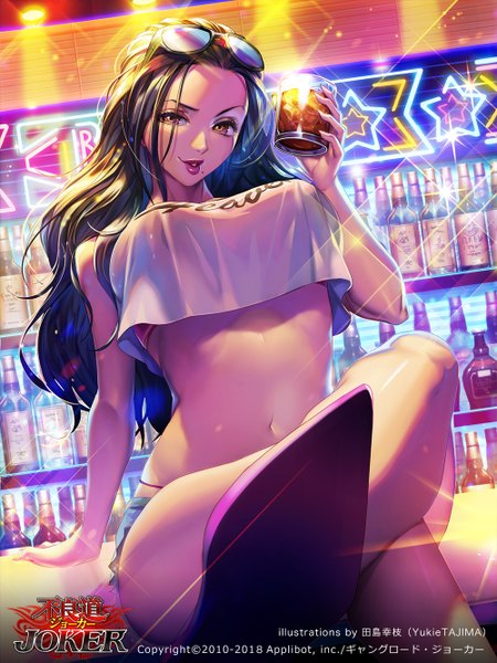Anime picture 1000x1333 with joker ~gang road~ tajima yukie single long hair tall image looking at viewer breasts light erotic black hair large breasts sitting bare shoulders holding brown eyes signed payot bent knee (knees) indoors parted lips arm up