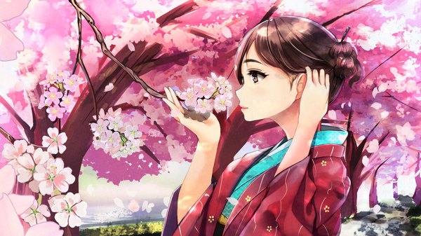 Anime picture 1120x630 with original neko neko koneko single brown hair wide image brown eyes looking away traditional clothes japanese clothes profile cherry blossoms adjusting hair spring girl flower (flowers) plant (plants) petals tree (trees) kimono hairpin (hairpins)