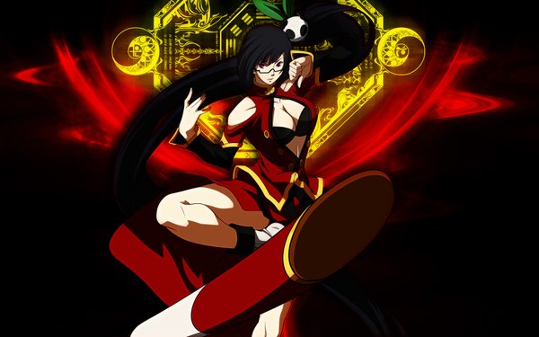 Anime picture 3500x2188 with blazblue litchi faye ling single long hair highres breasts light erotic black hair wide image absurdres ponytail pink eyes magic side ponytail girl glasses magic circle