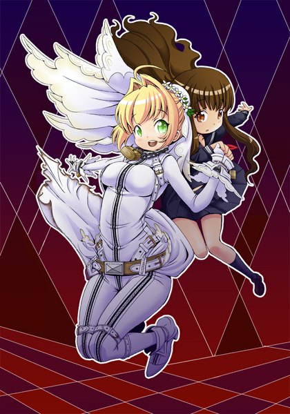 Anime picture 689x983 with fate (series) fate/extra fate/extra ccc type-moon nero claudius (fate) (all) nero claudius (bride) (fate) female protagonist (fate/extra) mana12 long hair tall image blush short hair breasts open mouth blonde hair smile brown hair multiple girls green eyes orange eyes