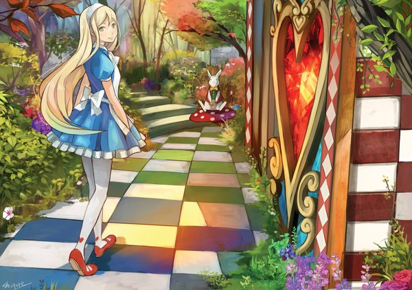 Anime picture 2000x1407 with alice in wonderland alice (wonderland) white rabbit shigureteki single long hair looking at viewer fringe highres blue eyes blonde hair signed bent knee (knees) looking back checkered floor walking floor checkered girl dress