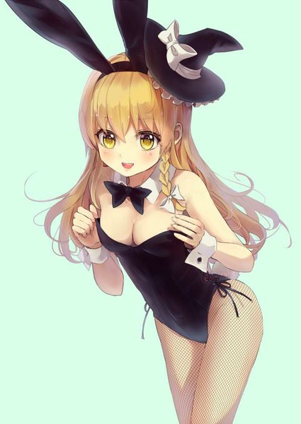 Anime picture 600x847 with touhou kirisame marisa culter single long hair tall image blush fringe open mouth light erotic blonde hair smile animal ears yellow eyes cleavage tail braid (braids) animal tail from above bunny ears