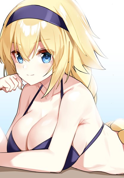 Anime-Bild 1000x1440 mit fate (series) fate/grand order jeanne d'arc (fate) (all) jeanne d'arc (swimsuit archer) prawnlunchset single long hair tall image fringe breasts blue eyes light erotic blonde hair hair between eyes large breasts upper body lying light smile on stomach head rest