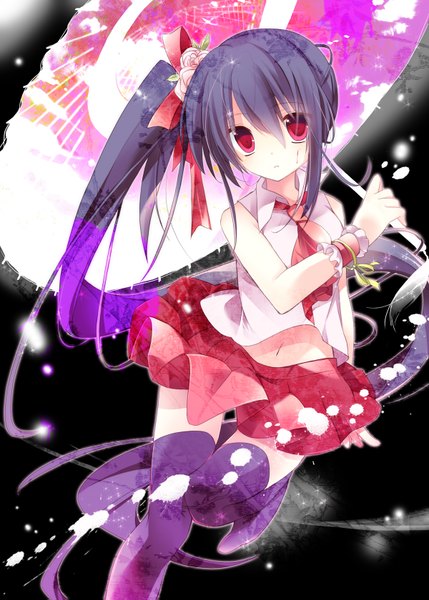 Anime picture 1200x1679 with takui (artist) single long hair tall image black hair red eyes side ponytail girl thighhighs black thighhighs