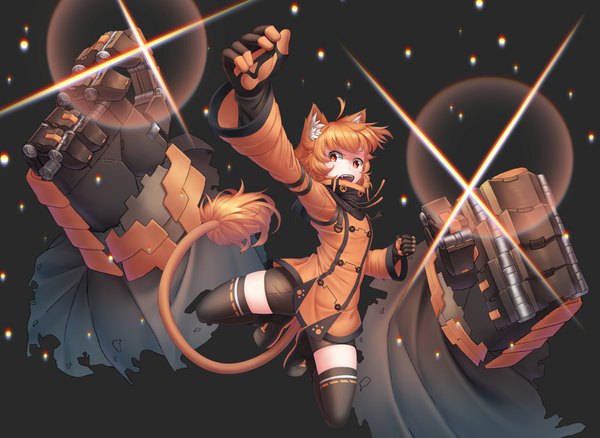 Anime picture 4096x2988 with original million (kzy090) kzy090 single looking at viewer highres short hair open mouth animal ears absurdres ahoge tail long sleeves animal tail cat ears orange hair teeth orange eyes dark background serious