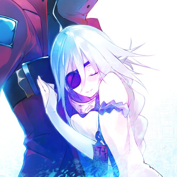 Anime picture 1200x1200 with blazblue blazblue phase 0 nu-13 ragna the bloodedge shin (anbqqcb) long hair blush simple background white hair eyes closed light smile couple single braid head out of frame girl boy eyepatch