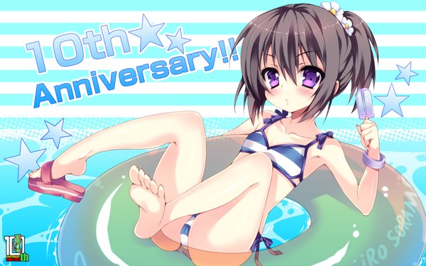 Anime picture 1920x1200 with koiiro soramoyou (game) itou mikoto lucie anapom single highres short hair light erotic black hair wide image purple eyes barefoot anniversary girl swimsuit bikini bracelet star (symbol) swim ring striped bikini