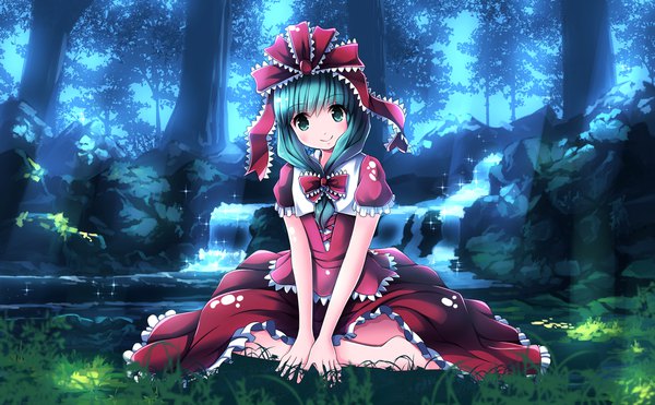 Anime picture 2033x1260 with touhou kagiyama hina risutaru single long hair looking at viewer blush fringe highres smile wide image sitting full body outdoors head tilt barefoot aqua eyes sunlight aqua hair sparkle