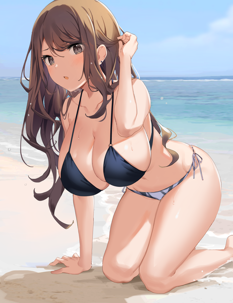 Anime picture 2944x3819 with original ikomochi single long hair tall image looking at viewer blush fringe highres breasts open mouth light erotic hair between eyes brown hair large breasts brown eyes payot sky cleavage outdoors