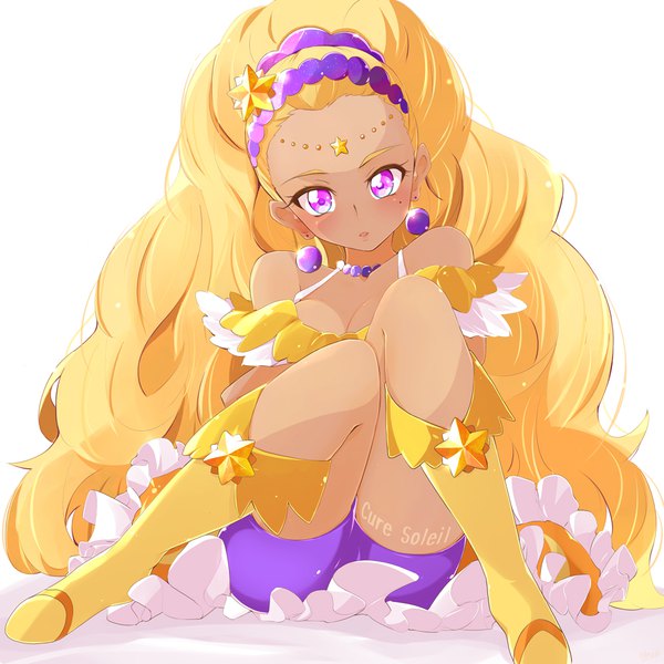 Anime picture 1000x1000 with precure star twinkle precure toei animation amamiya elena cure soleil ashita wa hitsuji single looking at viewer blush breasts light erotic blonde hair simple background white background sitting purple eyes bare shoulders cleavage full body very long hair