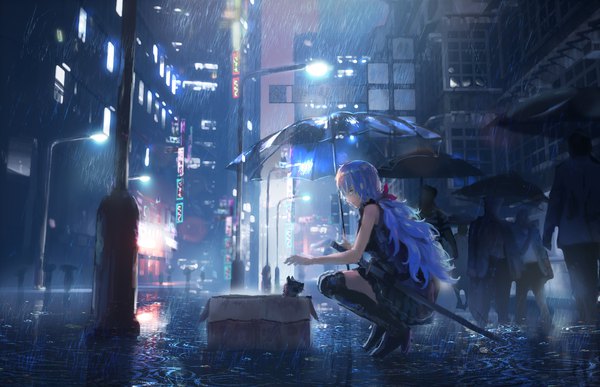 Anime picture 1150x742 with original denki long hair fringe holding green eyes blue hair outdoors profile pleated skirt night sleeveless city solo focus rain squat sheathed city lights transparent umbrella in container