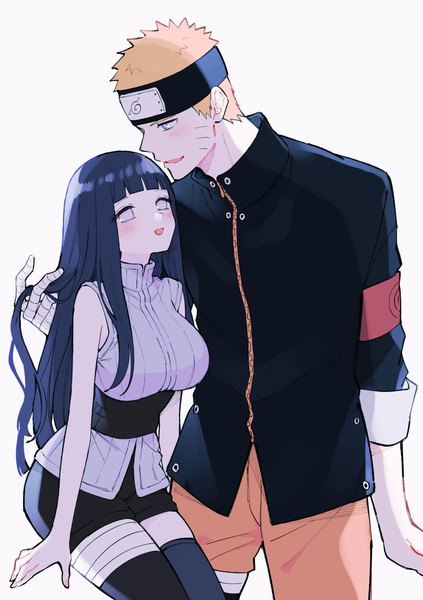 Anime picture 1748x2480 with naruto studio pierrot naruto (series) uzumaki naruto hyuuga hinata ting long hair tall image blush fringe highres short hair breasts open mouth blue eyes simple background blonde hair standing white background purple hair