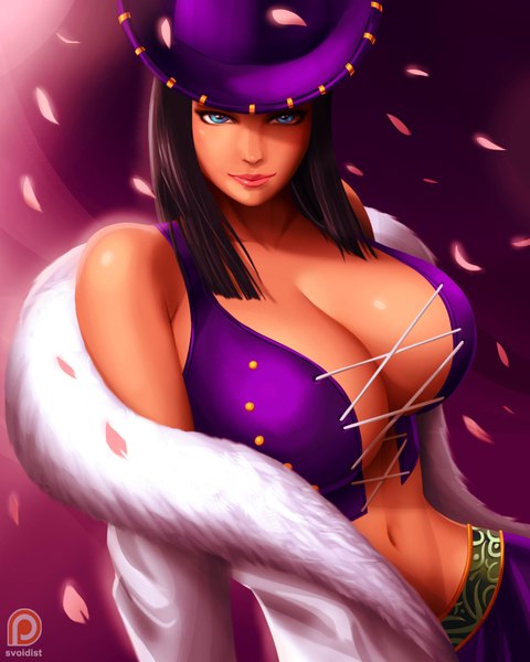 Anime picture 800x1000 with one piece toei animation nico robin svoidist single long hair tall image looking at viewer breasts blue eyes light erotic black hair simple background sitting bare shoulders signed cleavage light smile lips realistic