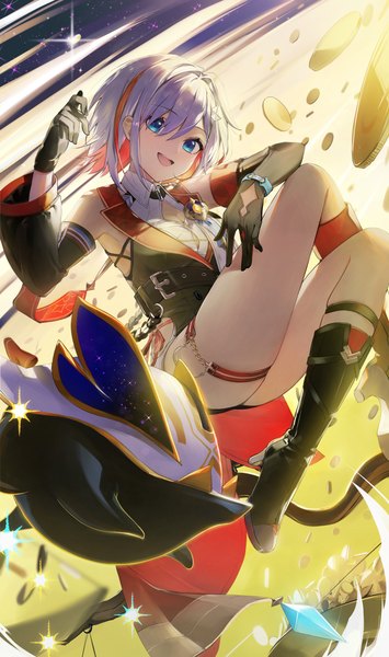 Anime picture 3072x5187 with honkai: star rail honkai (series) topaz (honkai: star rail) numby (honkai: star rail) trotter (honkai: star rail) kamatoyu single tall image looking at viewer fringe highres short hair open mouth blue eyes light erotic hair between eyes absurdres silver hair full body :d