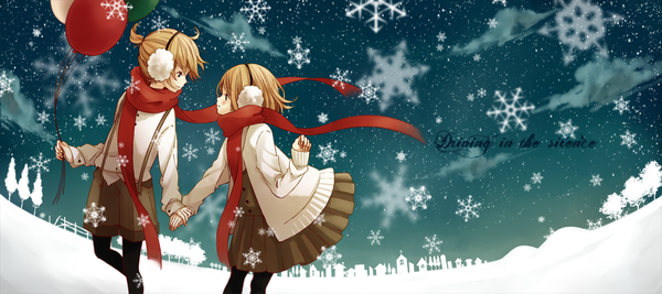 Anime picture 1310x584 with vocaloid kagamine rin kagamine len gemini (kokoma) blush short hair blue eyes blonde hair smile wide image profile inscription holding hands snowing winter snow twins brother and sister girl boy