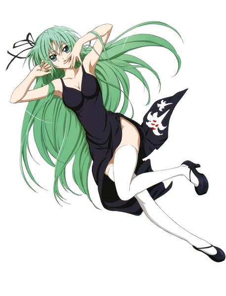 Anime picture 3167x4148 with higurashi no naku koro ni studio deen sonozaki shion sakai kyuuta single long hair tall image looking at viewer highres breasts simple background white background green eyes absurdres full body lying parted lips green hair scan arms up
