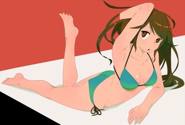 Anime picture 1200x815 with original tomioka jirou single long hair open mouth light erotic brown hair brown eyes barefoot armpit (armpits) soles reclining girl swimsuit bikini