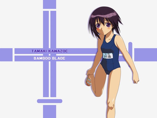 Anime picture 1600x1200 with bamboo blade kawazoe tamaki blush short hair purple eyes purple hair girl swimsuit one-piece swimsuit school swimsuit