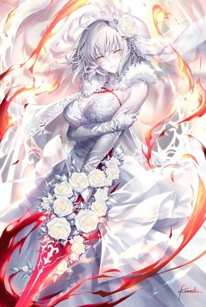 Anime picture 650x970 with fate (series) fate/grand order jeanne d'arc (fate) (all) jeanne d'arc alter (fate) kousaki rui single tall image looking at viewer blush fringe short hair breasts hair between eyes signed yellow eyes silver hair ahoge breast hold girl dress