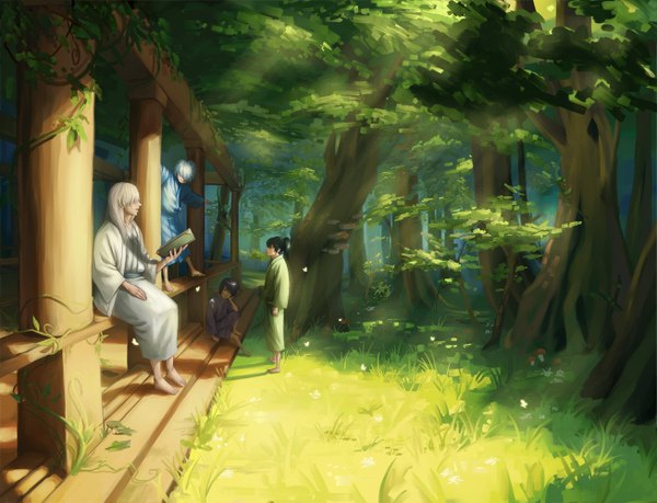 Anime picture 1305x1000 with gintama sunrise (studio) sakata gintoki takasugi shinsuke katsura kotarou yoshida shouyou mizuk0 long hair short hair black hair white hair ponytail japanese clothes barefoot group hair over eyes reading plant (plants) tree (trees) book (books)