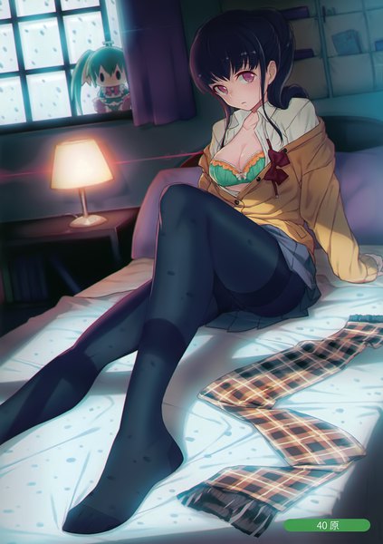 Anime picture 2466x3500 with original melonbooks 40hara single long hair tall image looking at viewer fringe highres breasts light erotic black hair large breasts signed payot cleavage bent knee (knees) indoors parted lips pink eyes