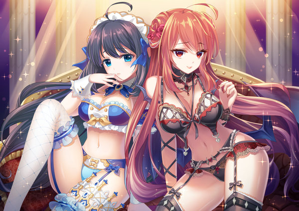 Anime-Bild 1228x868 mit king's raid erze (king's raid) mirianne (king's raid) karen (navy 42) long hair looking at viewer blush fringe breasts blue eyes light erotic black hair smile hair between eyes red eyes large breasts sitting multiple girls cleavage ahoge