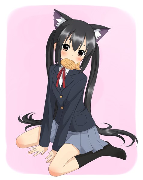 Anime picture 635x800 with k-on! kyoto animation nakano azusa kuro (chrono) single long hair tall image looking at viewer blush fringe black hair simple background hair between eyes sitting twintails holding brown eyes animal ears payot full body