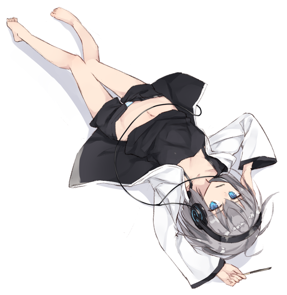 Anime picture 1197x1230 with original nagishiro mito single tall image looking at viewer fringe short hair blue eyes light erotic simple background hair between eyes white background holding full body lying barefoot arm up from above grey hair open jacket