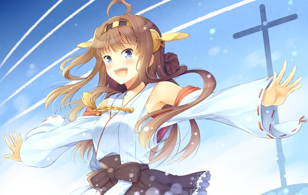 Anime picture 1000x632 with kantai collection kongou battleship komi zumiko single long hair looking at viewer blush open mouth blue eyes brown hair ahoge spread arms nontraditional miko girl hair ornament detached sleeves