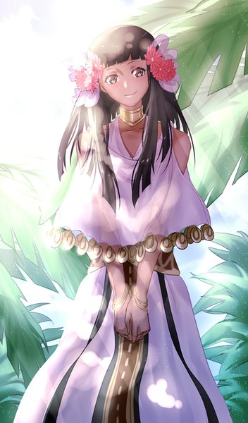Anime picture 600x1020 with fate (series) fate/prototype: fragments of blue and silver fate/prototype nefertiti (fate/prototype fragments) mitsuki hana single long hair tall image looking at viewer blush fringe black hair smile standing bare shoulders brown eyes payot sky cloud (clouds) outdoors